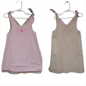 Just Ducky Reversible Dress Pink Gingham Tan Embroidered Sailboats Sz 5 Mono A